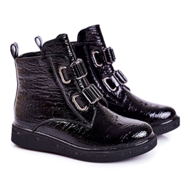 PL1 Dětské teplé boty lakované černým zvířecím vzorem Maya