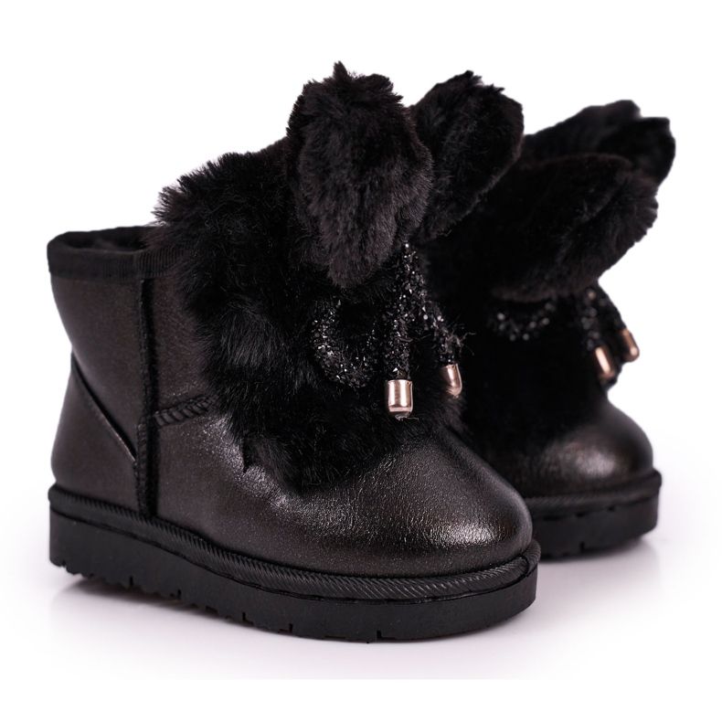 Dětské sněhule s kožešinou s ušima Černý zajíček černá