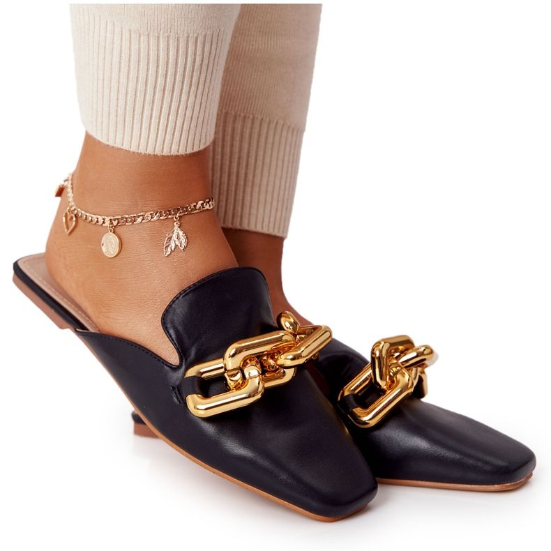 PS1 Černá Pantofle Call On Me se svrškem a řetězem zlatý