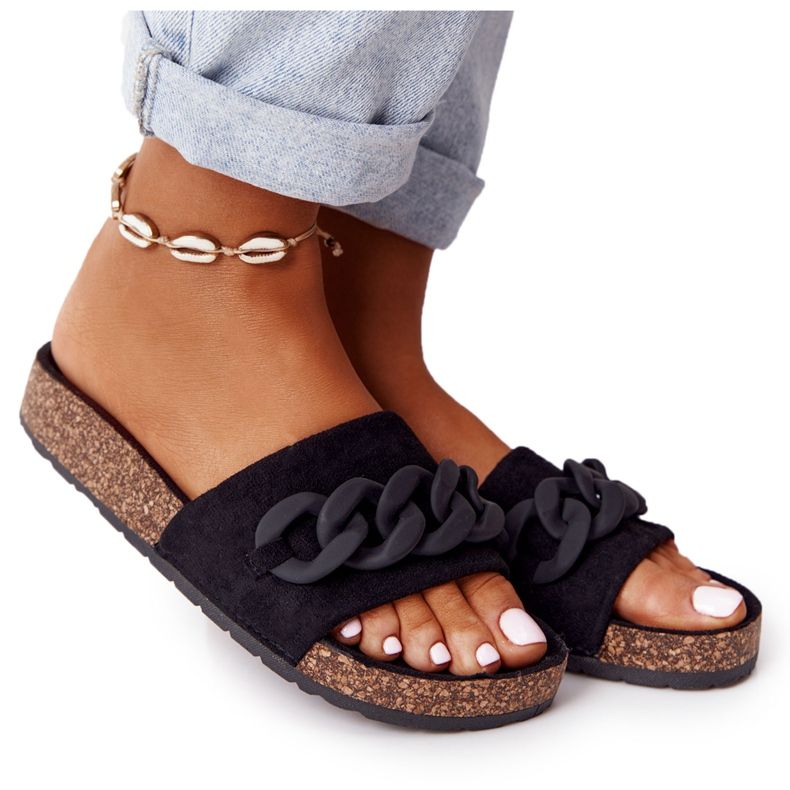 MSMG Černé pantofle Makayla semišové na korkové podrážce černá