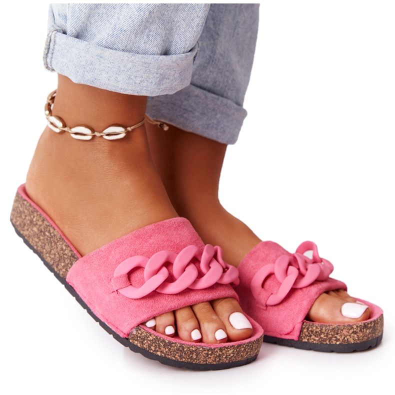 MSMG Růžové pantofle Makayla semišové na korkové podrážce růžový