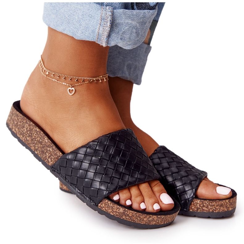 MSMG Černé kožené pantofle Catalina na korkové podrážce černá