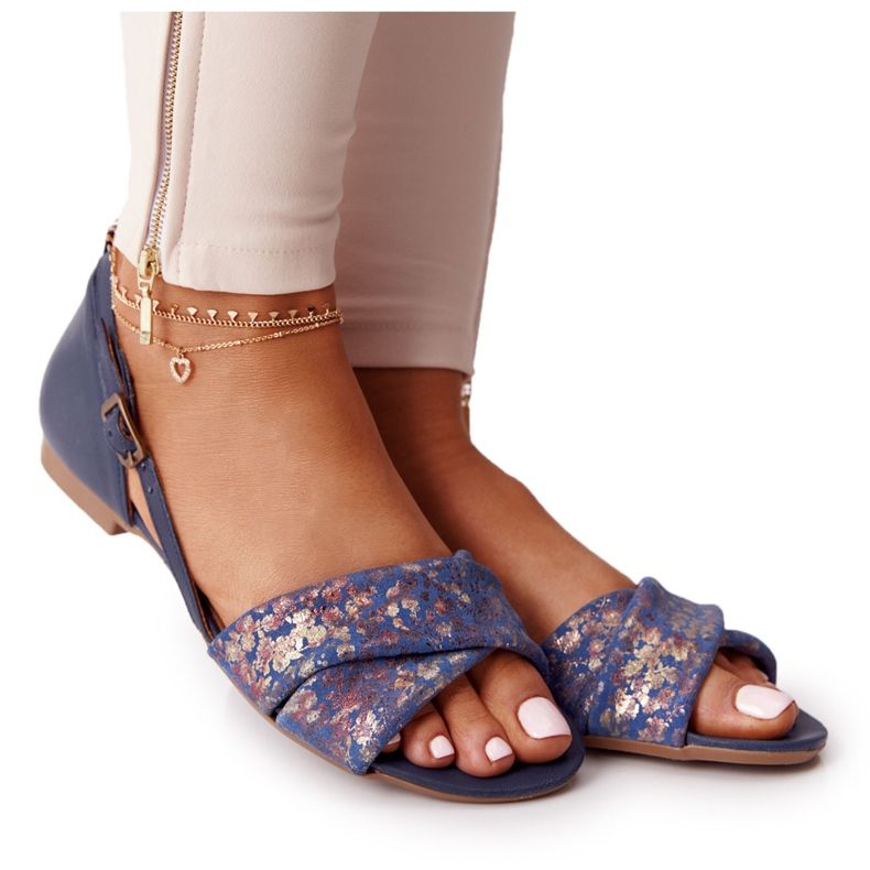 Kožené sandály s květinami Maciejka 04614-43 Navy Blue námořnická modrá zlatý