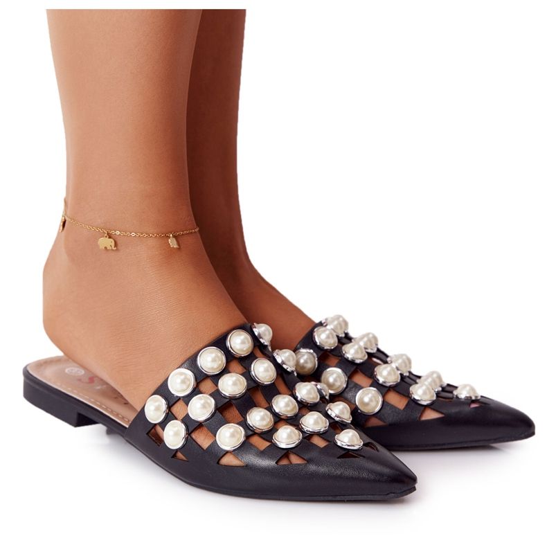 PS1 Černé pantofle zvlnění se svršky a perlami černá PS1 Černé pantofle zvlnění se svršky a perlami černá