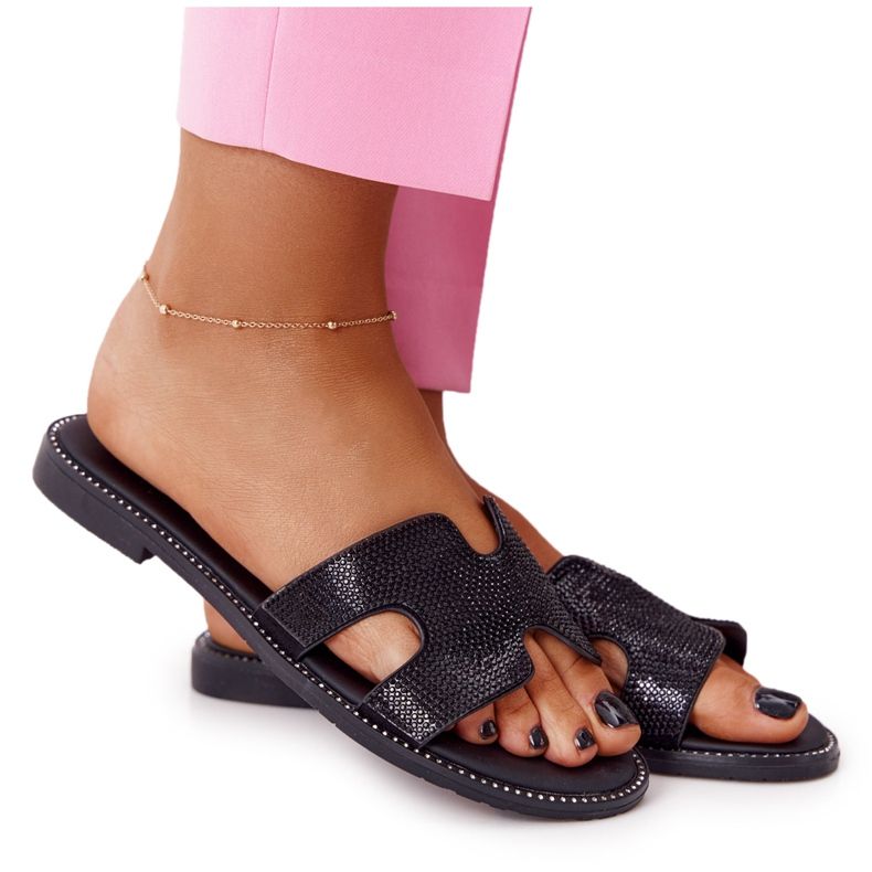 EVE Kožené přezůvky s modrou kubickou zirkonií černá