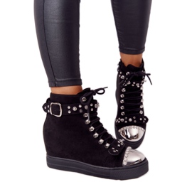 Černá semišová černá Lu Boo klínové boty s kamínky černý