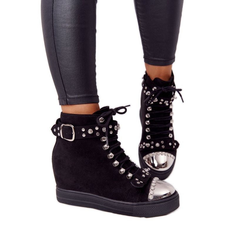 Černá semišová černá Lu Boo klínové boty s kamínky