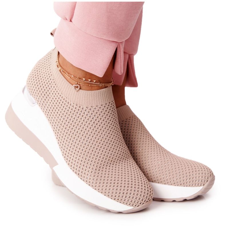 Prolamované tenisky nazouvací na klínové béžové HO248 Harmony béžový