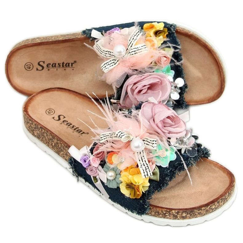 Korkové pantofle s květinami BG61P Dark Blue námořnická modrá vícebarevný