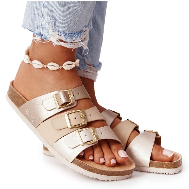 Kožené profilované pantofle Big Star HH274585 béžové a zlaté béžový zlatý