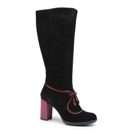 Marco Shoes Černé semišové kožené boty s purpurovým podpatkem a purpurovými vsadkami černý fialová
