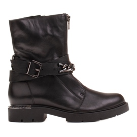 Marco Shoes Kožené kotníkové boty s řetízkem, přezkou a zipem. Lovci černý