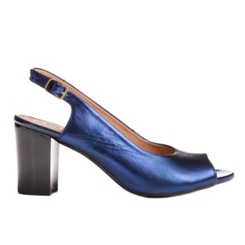 Marco Shoes Marco metalické kožené sandály na stabilním podpatku námořnická modř modrý