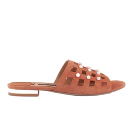 Marco Shoes Elegantní dámské pantofle s perlami a perforací pomerančový