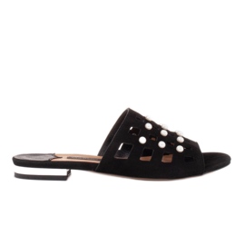 Marco Shoes Elegantní dámské pantofle s perlami a perforací černý