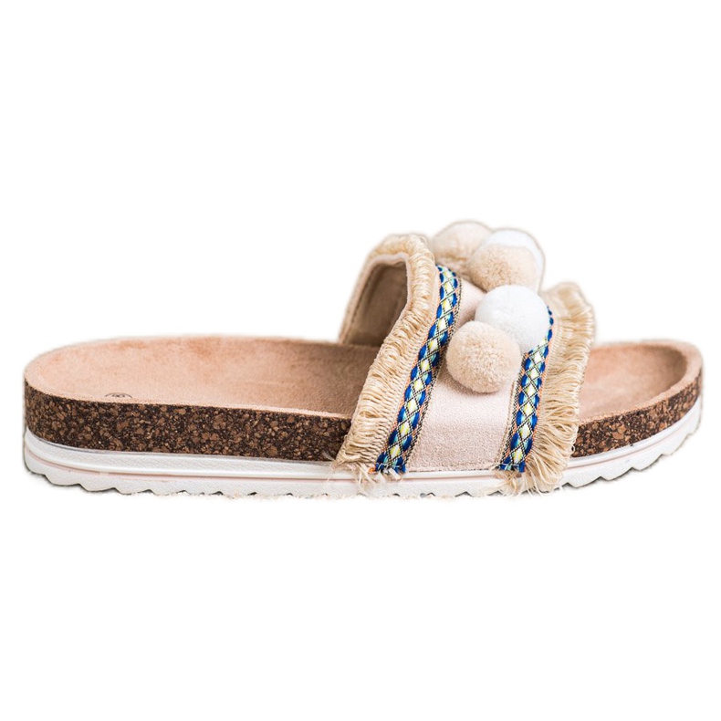 SHELOVET Módní pantofle s bambulkami béžový