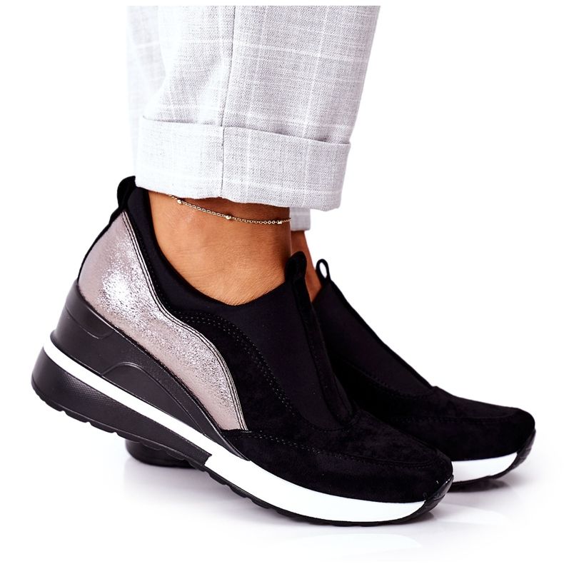 Vinceza 10593 černo-stříbrné nazouvací klínové tenisky černá stříbrný