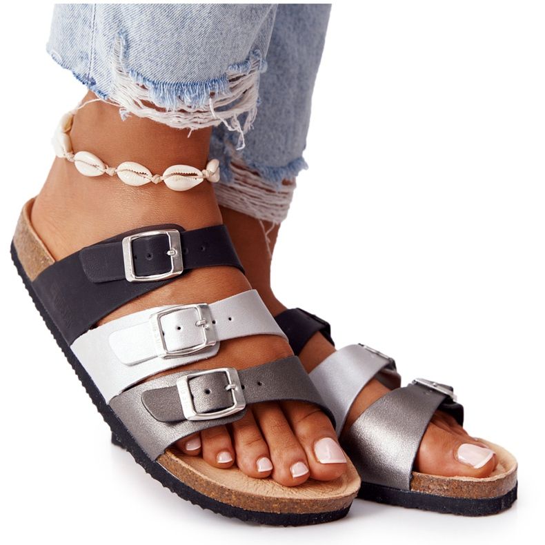 Kožené profilované pantofle Big Star HH274588 černé a stříbrné černá stříbrný