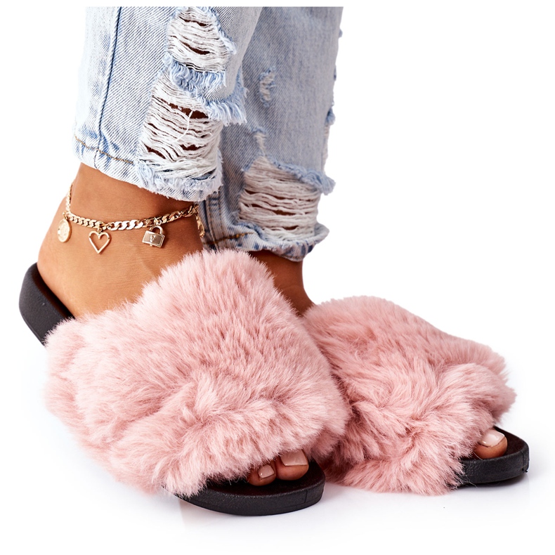 FJ1 Gumové pantofle s růžovou měkkou kožešinou růžový