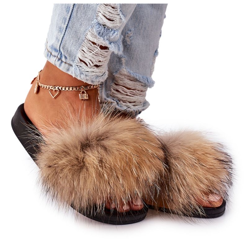 BM Pantofle s přírodní kožešinou Camel Elsa hnědý