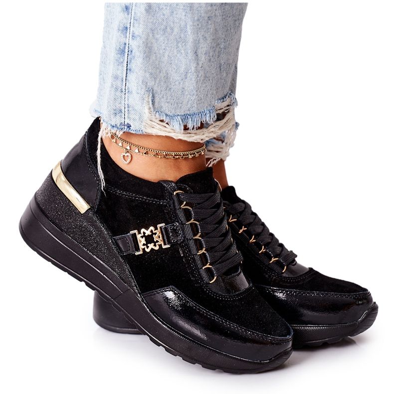 S.Barski Dámské kožené klínové tenisky černé Montessori černá