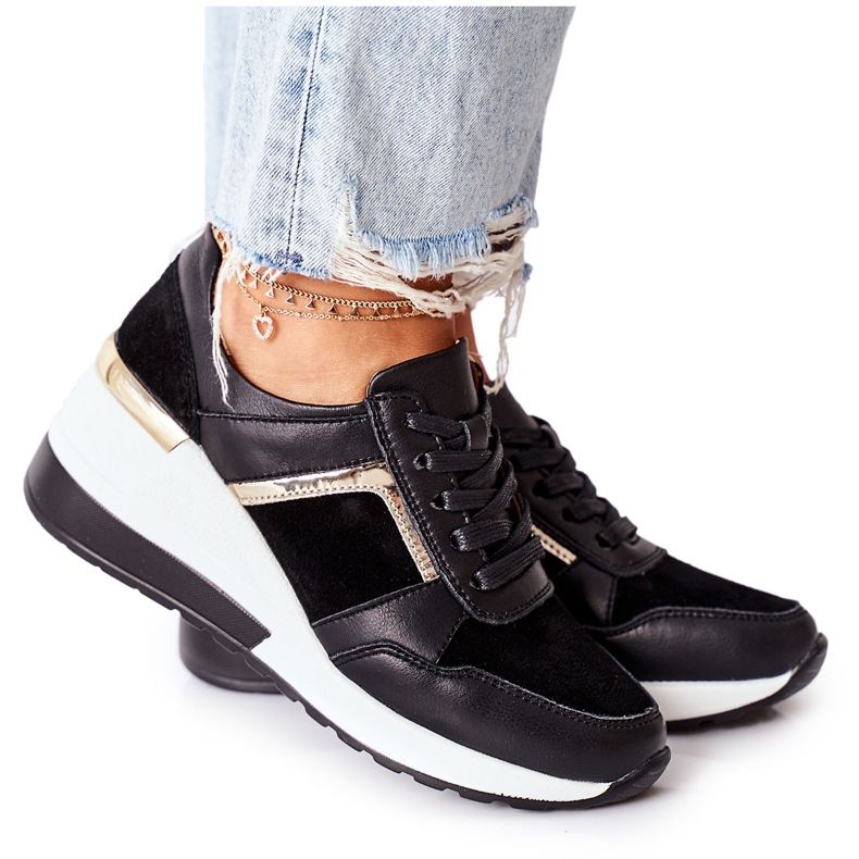 S.Barski Dámské kožené klínové tenisky černé bílé Manitoba černá