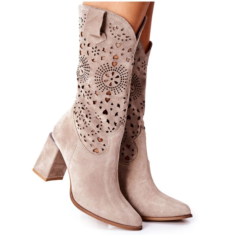 Lewski Shoes Dámské kožené boty na podpatku Cappuccino Lewski 2923 Pick Me Up béžový