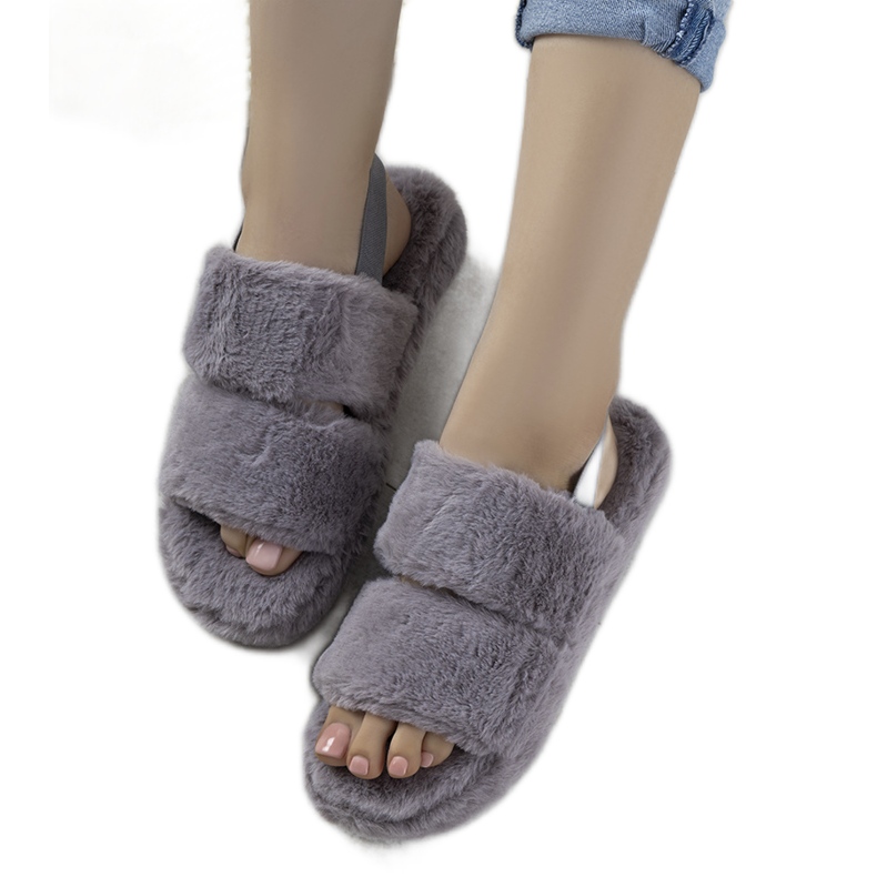 Šedé dámské pantofle s gumičkou a kožešinou Rosales šedá