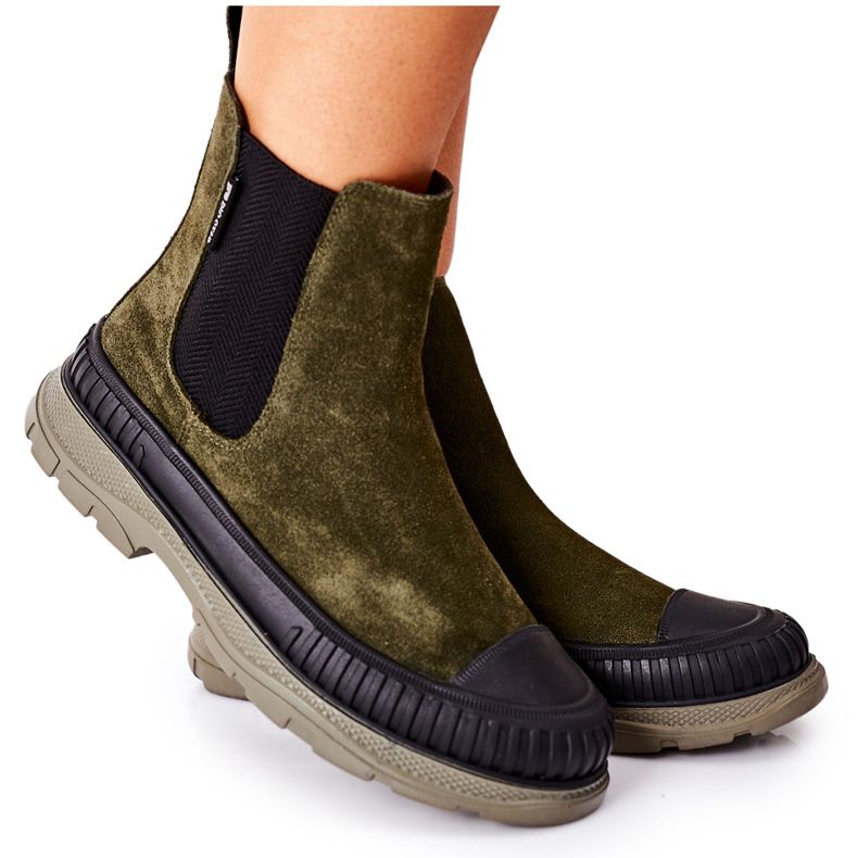 Dámské kozačky Chelsea boty Kožený semiš Big Star II274355 Khaki zelená