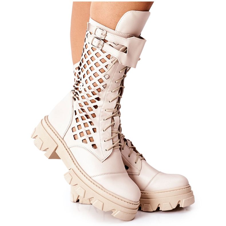 PA2 Dámské prolamované kožené boty Trappers Beige Hootie béžový
