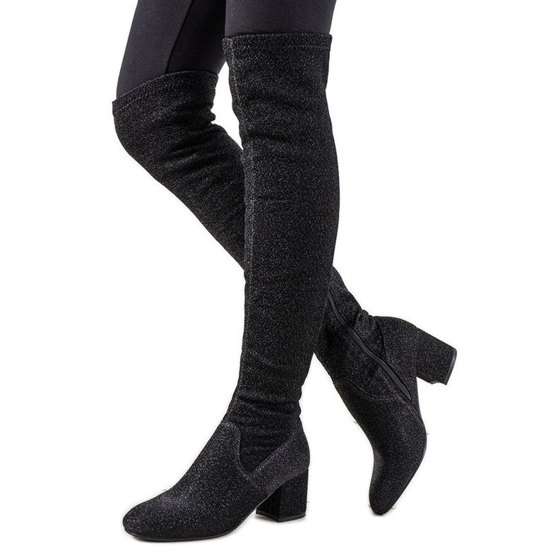 Černé lesklé boty přes koleno Uta černá stříbrný