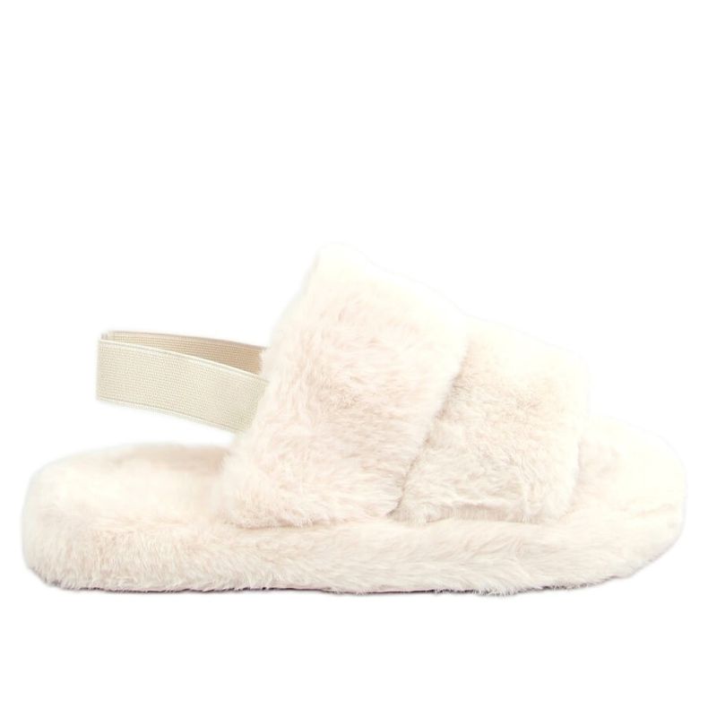 Dámské pantofle krémové kožešiny N-92 Béžová béžový ecru