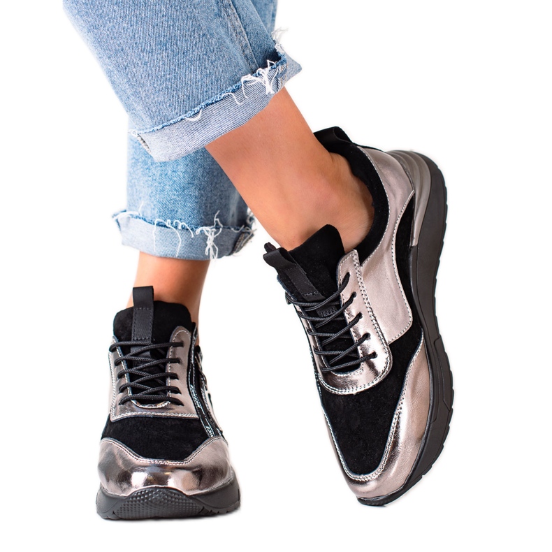 W. Potocki Černo -stříbrné tenisky z kůže Potocki černá zlatý