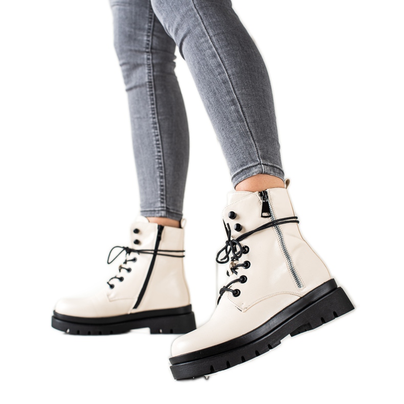 Sixth Sense Šněrovací kozačky s ozdobným zipem béžový