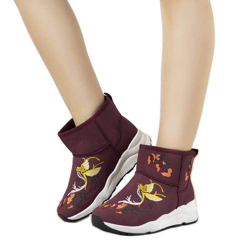 Vínové sněhové boty s výšivkou Jamil červené