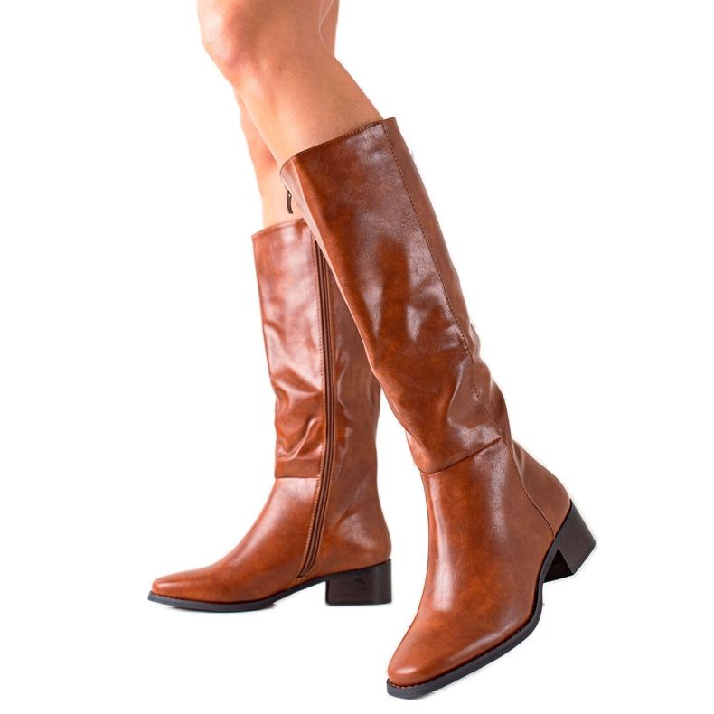 Diamantique Klasické hnědé kozačky s eko kůží hnědý