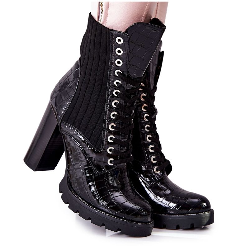 PG1 Dámské boty na vysokém podpatku krokodýlí vzor černý Erdogan černá