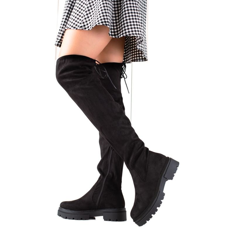 Laura Mode Černé stehenní boty na platformě černá Laura Mode Černé stehenní boty na platformě černá