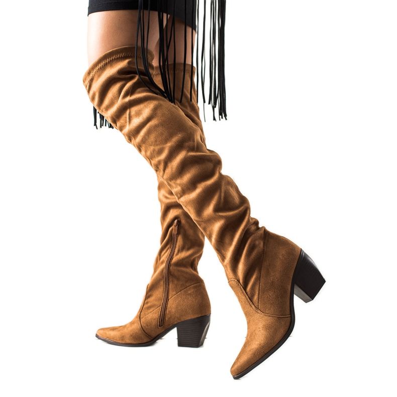 Laura Mode Kozačky na nízkém podpatku po stehna hnědý