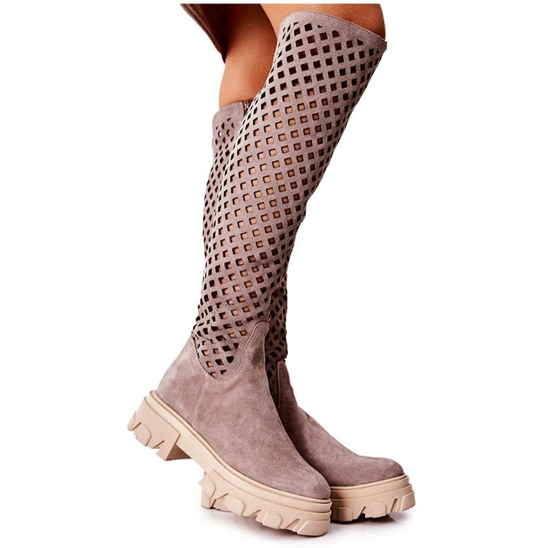 PA2 Světle hnědé prolamované semišové boty Kallede béžový hnědý