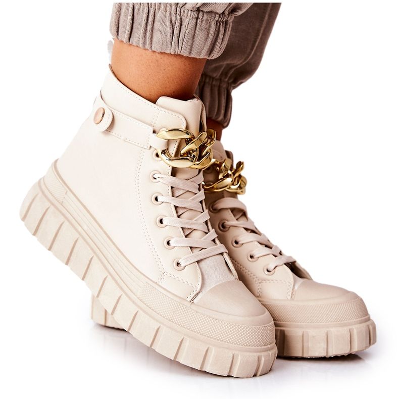 Vysoké Tenisky Na Béžové Standies Platformě béžový zlatý