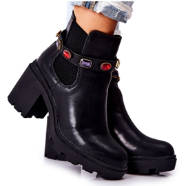 PS1 Kožené Dámské Kozačky Na Podpatku S Crystals Black Macbeth černý