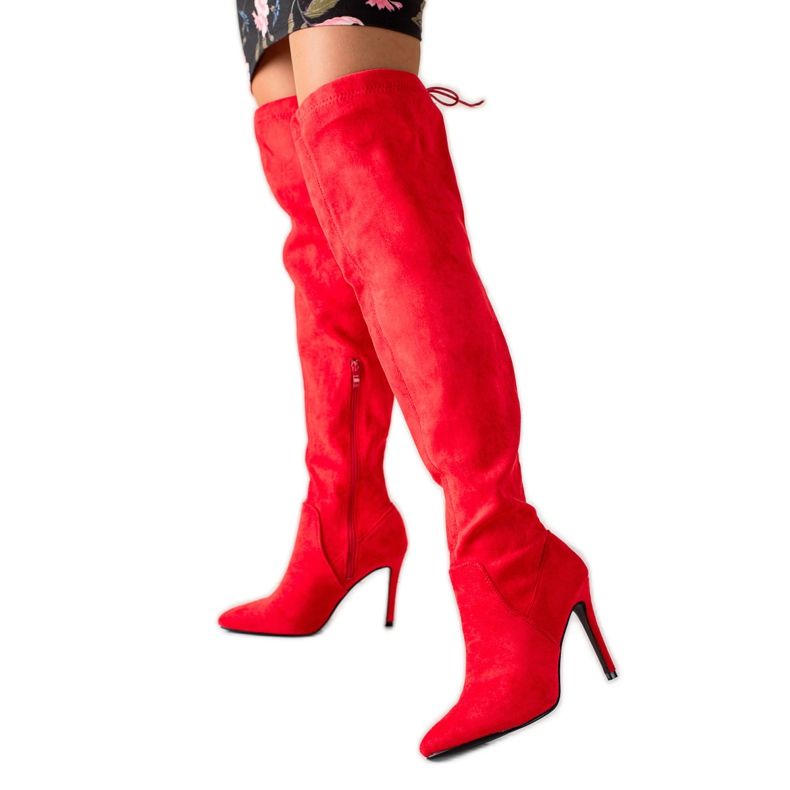 Small Swan Semišové kozačky na vysokém podpatku červené