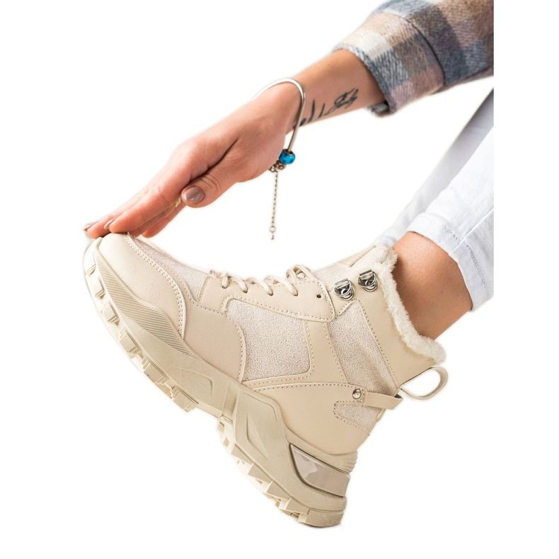 TRENDI Teplé šněrovací kozačky béžový