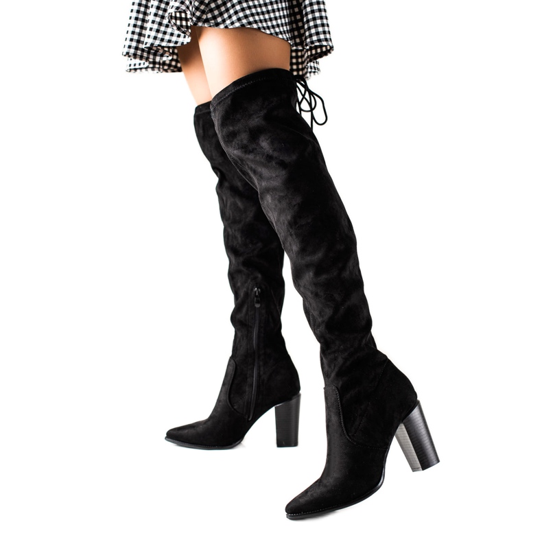 Lucky Shoes Černé stehenní kozačky na vysokém podpatku černá