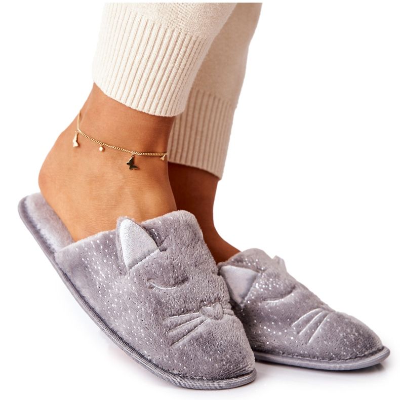 PE1 Lesklé kotěcí pantofle s šedýma ušima Kaisy stříbrný šedá