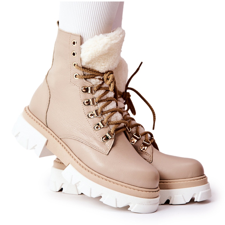 PF1 Teplé kožené boty Workery Beige Lecolly béžový