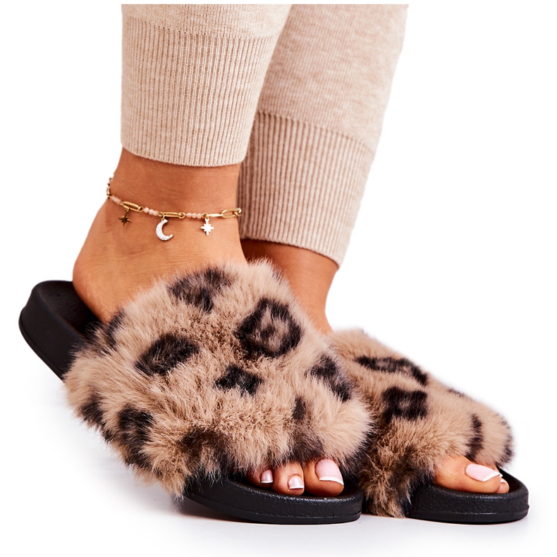 PM1 Pantofle S kožíškem, Guma Leopardí Hnědá Noelle béžový hnědý