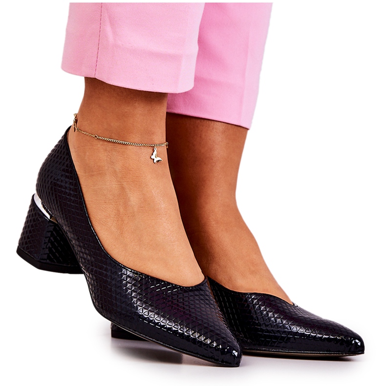 PA2 Kožené lodičky Prsty V Spitz Navy Blue Marilyn námořnická modrá