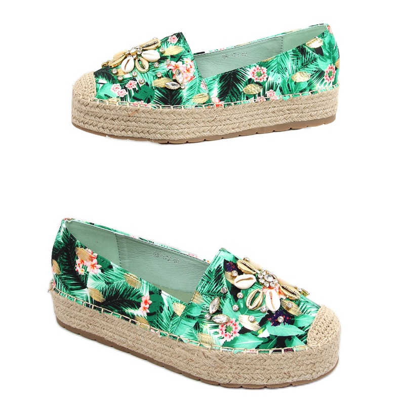 Espadrilky s mušlemi Manami Flower Green zelená